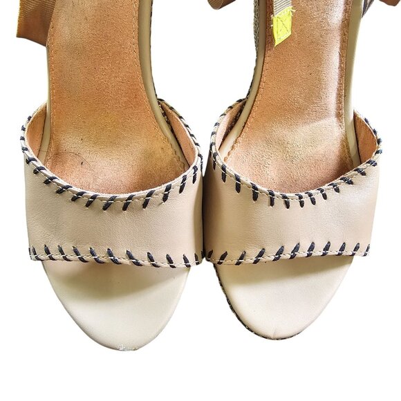 Tan Woven Wedge Heels With Ankle Tie Strap & Black Stitch Detail Womens Size 8.5 - Picture 4 of 15